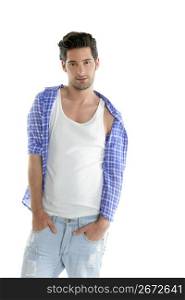Fashion casual denim handsome man portrait blue jeans and shirt over white