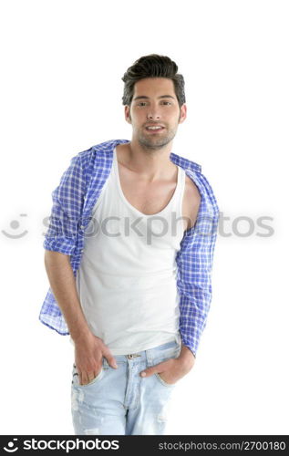 Fashion casual denim handsome man portrait blue jeans and shirt over white