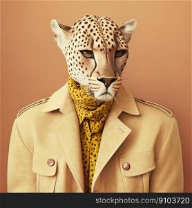 Fashion cheetah in jacket and turtleneck. Yellow monochrome portrait. Pop art modern style and lifestyle concept. Contemporary art, creative idea. Generative AI. Fashion cheetah in jacket. Yellow monochrome portrait. Generative AI