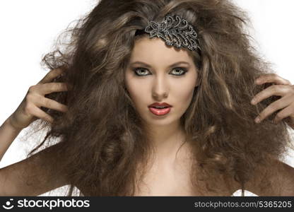 fashion close-up portrait of very sexy young girl with curly hairdo, glitter accessory in the hair and sexy make-up