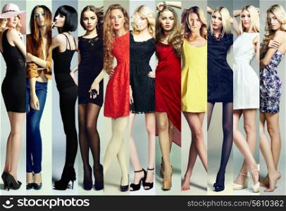 Fashion collage. Group of beautiful young women. Sensual girls