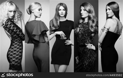 Fashion collage. Group of beautiful young women. Sensual girls posing in studio. Lady in elegant dresses. Black and White