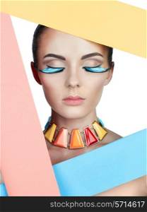 Fashion colorful photo of beautiful woman with bright makeup