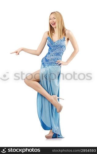 Fashion concept with tall model on white