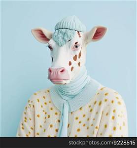Fashion cow in stylish shirt and hat on blue background. Pop art modern style and lifestyle concept. Contemporary art, creative idea. Generative AI. Fashion cow in shirt and hat. Generative AI
