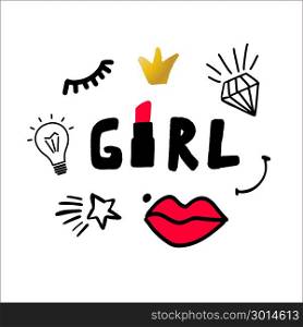 Fashion cute set: patches, badges, pins and stickers. Vector trendy illustration.. Fashion cute set: patches, badges, pins and stickers design. Vector trendy illustration. Lettering word Girl, diamond, lips, lipstick, star, eye, smile, idea bulb.