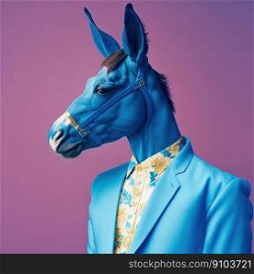 Fashion donkey in suit. Blue on purple portrait. Pop art modern style and lifestyle concept. Contemporary art, creative idea. Generative AI. Fashion donkey in suit. Blue on purple portrait. Generative AI