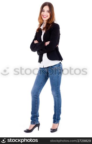 fashion female model standing on a white isolated background