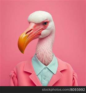 Fashion flamingo in shirt. Magenta pink monochrome portrait. Pop art modern style and lifestyle concept. Contemporary art, creative idea. Generative AI. Fashion flamingo in shirt. Magenta pink monochrome portrait. Generative AI
