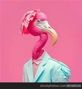 Fashion flamingo in shirt. Magenta pink monochrome portrait. Pop art modern style and lifestyle concept. Contemporary art, creative idea. Generative AI. Fashion flamingo in shirt. Magenta pink monochrome portrait. Generative AI