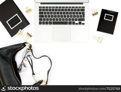 Fashion flat lay for social media. Office desk. Notebook, supplies, feminine accessories on white background