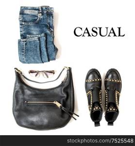 Fashion flat lay for website, social media. Casual clothing jeans, bag, shoes