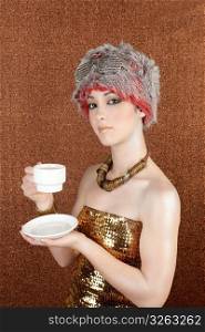 fashion futuristic silver gold cup of coffee on bronze background