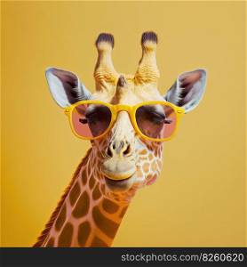 Fashion giraffe portrait in sunglasses, yellow monochrome design. Pop art modern style and lifestyle concept. Generative AI. Fashion giraffe in sunglasses, yellow monochrome portrait. AI Generative