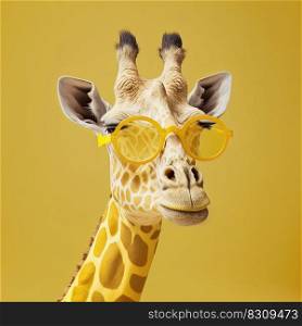 Fashion giraffe portrait in sunglasses, yellow monochrome design. Pop art modern style and lifestyle concept. Fashion giraffe in sunglasses, yellow monochrome portrait