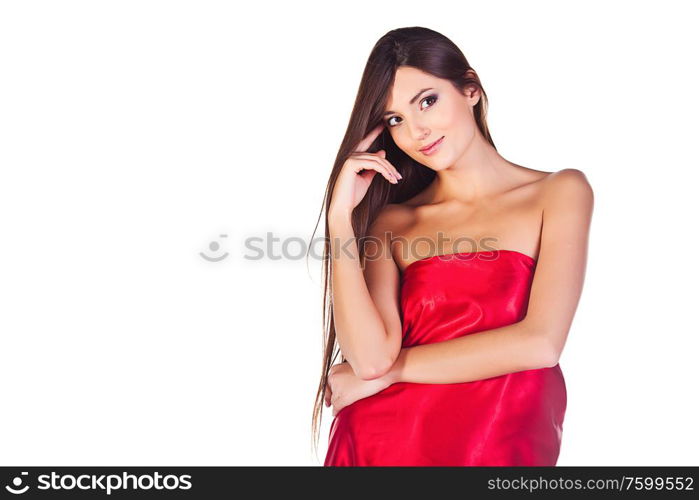 fashion girl in red dress on the white background