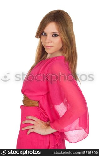 Fashion girl with pink dress isolated on a over white