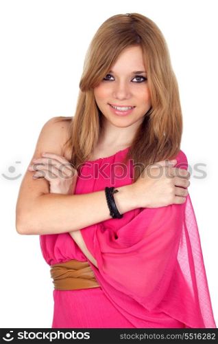 Fashion girl with pink dress isolated on a over white backgound