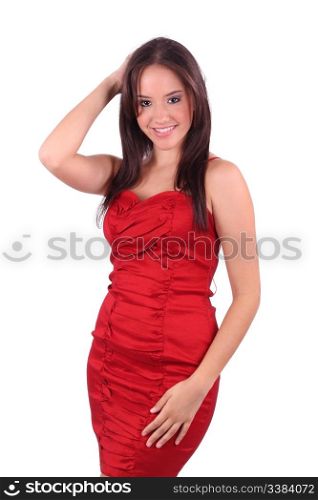 Fashion image of pretty lady in red dress over white