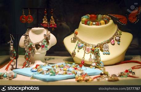 Fashion jewelry displayed in a jewelry store window