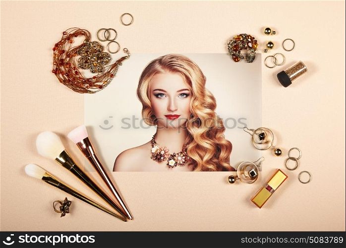 Fashion lady accessories collage. Falt Lay. Beauty photography. Make-Up brushes. Jewelry and lipstick. Fashion portrait of young beautiful woman with elegant hairstyle