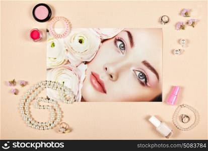 Fashion lady accessories collage. Falt Lay. Beauty photography. Make-Up brushes. Jewelry and nail polish. Portrait of beautiful young woman with flowers