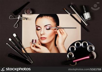 Fashion lady accessories collage. Falt Lay. Beauty photography. Make-Up brushes. Jewelry and nail polish. Makeup artist applies eye shadow. Nails and manicure
