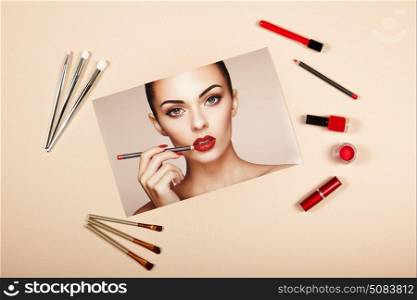 Fashion lady accessories collage. Falt Lay. Beauty photography. Make-Up brushes. Jewelry and nail polish. Beautiful woman paints lips with red lipstick. Nails and manicure