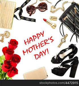 Fashion lady accessories, cosmetics, shoes, mobile phone, jewelry and rose flowers. Happy Mothers day! Holidays concept