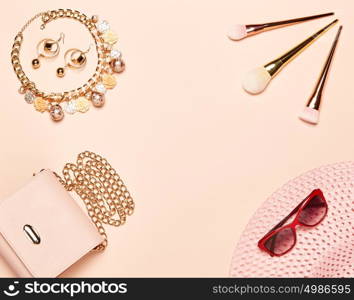 Fashion lady accessories set. Falt Lay. Stylish handbag. Make-Up brushes. Jewelry. Summer sunglasses and hat. Women accessories