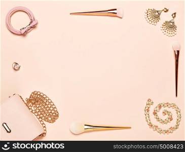 Fashion lady accessories set. Falt Lay. Stylish handbag. Make-Up brushes. Jewelry. Women accessories. Trendy fashion design