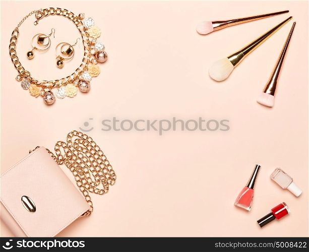 Fashion lady accessories set. Falt Lay. Stylish handbag. Make-Up brushes. Jewelry and nail polish. Women accessories. Trendy fashion design
