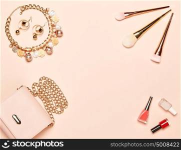 Fashion lady accessories set. Falt Lay. Stylish handbag. Make-Up brushes. Jewelry and nail polish. Women accessories. Trendy fashion design