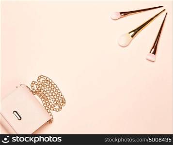 Fashion lady accessories set. Falt Lay. Stylish handbag. Make-Up brushes. Women accessories. Trendy fashion design