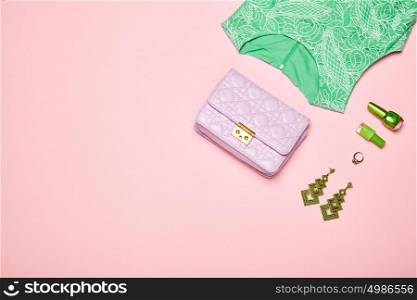 Fashion lady accessories set. Falt Lay. Stylish handbag. Summer dress. Jewelry and nail polish. Women accessories. Trendy fashion design