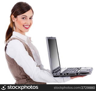 Fashion model holding a open laptop on a white isolated background