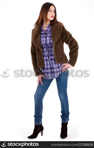fashion model looking left with fur coat on a white background