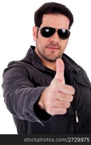 Fashion model showing thumbsup wearing sunglasses on a white background