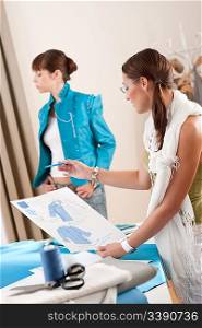 Fashion model trying turquoise jacket in professional designer studio