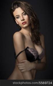 fashion model wearing a nice lace bra lingerie , looking in camera sensual with great hair style