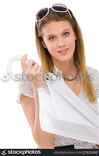 Fashion model - young woman hold umbrella in summer designer clothes