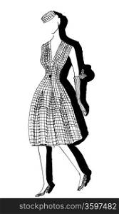 fashion of 20th Century - woman dress and hat from tweed in 50th years