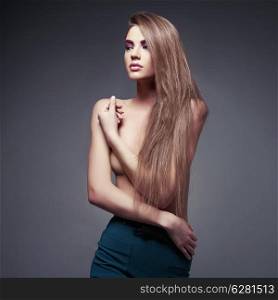 Fashion photo of beautiful lady with long magnificent hair
