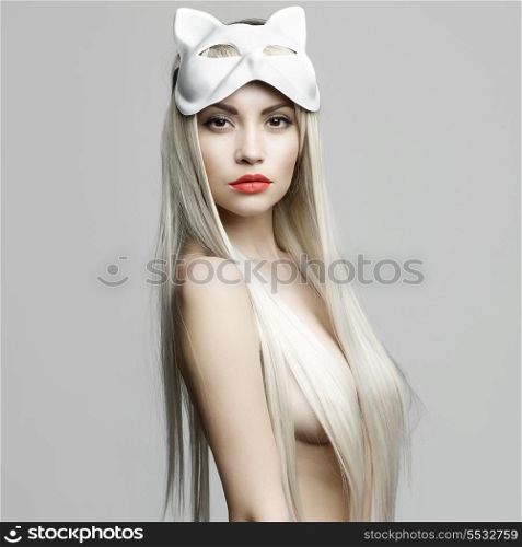 Fashion photo of beautiful sexy blonde in cat mask