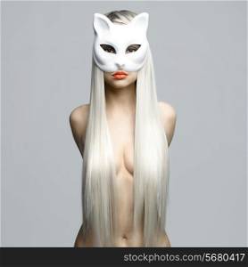 Fashion photo of beautiful sexy blonde in cat mask