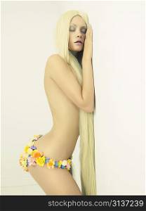Fashion photo of beautiful slender lady in floral bikini