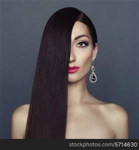 Fashion photo of elegant lady with long healthy hair