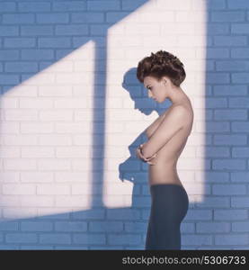 Fashion photo of nude elegant woman near the brick wall in sunlight