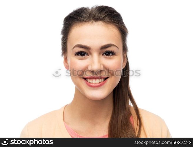 fashion, portrait and people concept - face of happy smiling young woman. face of happy smiling young woman