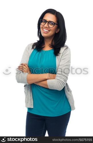 fashion, portrait and people concept - happy smiling young indian woman in glasses. happy smiling young indian woman in glasses